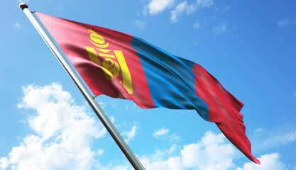 3D rendering illustration of the Mongolia flag with a blue sky background