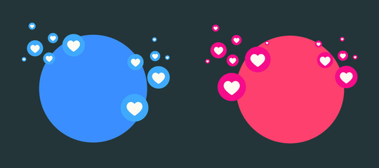 Social media app with speech bubbles and hearts. Valentine day. love concept. Gift, message for lover. Space for text. Wide banner on black background.