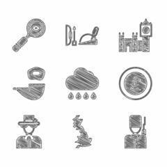 Set Cloud with rain, England map, British soldier, Coin money pound, Queen Elizabeth, Smoking pipe, Big Ben tower and Magnifying glass icon. Vector