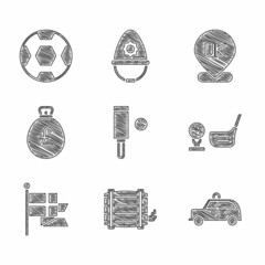 Set Wood cricket bat and ball, Wooden barrel, Taxi car, Golf club with on tee, England flag flagpole, Money bag pound, Location and Football icon. Vector