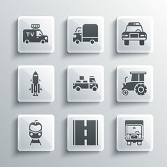 Set Road, Delivery cargo truck, Tractor, Train and railway, Rocket ship with fire, TV News and Police flasher icon. Vector