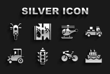 Set Traffic light, Delivery truck, Cruise ship, Bicycle, Tractor, Helicopter, Scooter and Broken road icon. Vector