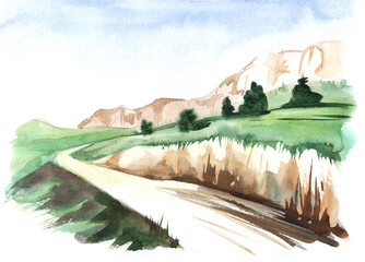 Hand drawn watercolor sketch illustration. Mountain range Crimea White rock, green valley grass with trees. Drawing on a white background.