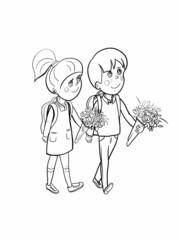 Children go to school, smartly dressed and carry bouquets of flowers to the teacher, the beginning of the school year, schoolchildren, hand drawn illustration