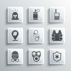 Set Gas mask, Police badge, Bulletproof vest, Handcuffs, Protest, Flasher siren and Walkie talkie icon. Vector