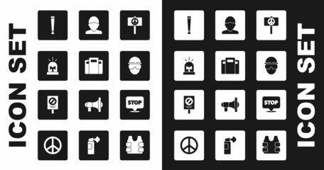 Set Peace, Police assault shield, Flasher siren, rubber baton, Special forces soldier, Vandal, Protest and icon. Vector