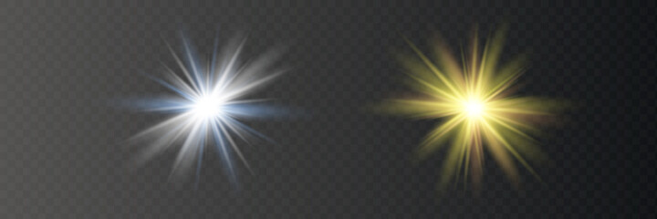 White glowing light explodes on a transparent background. Vector illustration of light decoration effect with ray.