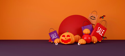 halloween sale banner design. halloween pumpkins and shopping bag on orange and red background for greeting card, banner, poster,blog, article, social media, marketing. 3D illustration