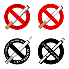 Set of signs with a crossed out cigarette. Smoking is Prohibited. The Great American Smokeout. Stop smoking. Color and black and white versions. Isolated on a white background. Vector illustration.