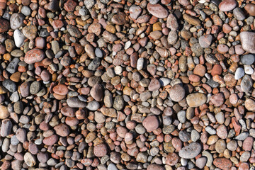 Smooth round pebbles texture background. Pebble sea beach close-up, dark wet pebble and gray dry pebble. High quality photo