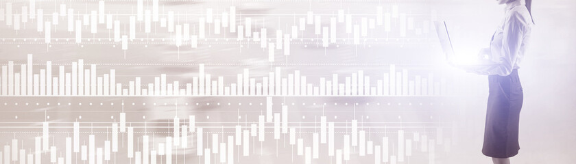 Volume candlestick graph Stock market exchange analysis. People on the background graphics