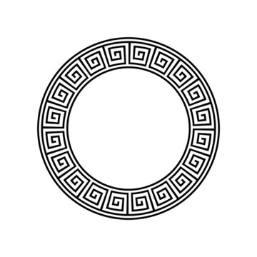 Ancient abstract ornament. Round aztec pattern. Decorative circular frame. Geometric rosette element. Greek style art design element. Circular meander template. Vector illustration, flat, clip art.