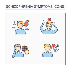 Schizophrenia symptoms color icons set. Speech difficulties, abnormalities, disinterest. Behaviors appear bizarre, unpredictable. Healthcare concept. Isolated vector illustrations