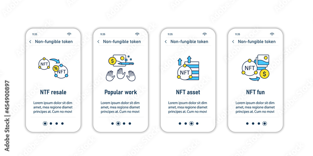 Poster nft onboarding mobile app screens. non fungible token.unique digital assets steps menu. set of ui, u