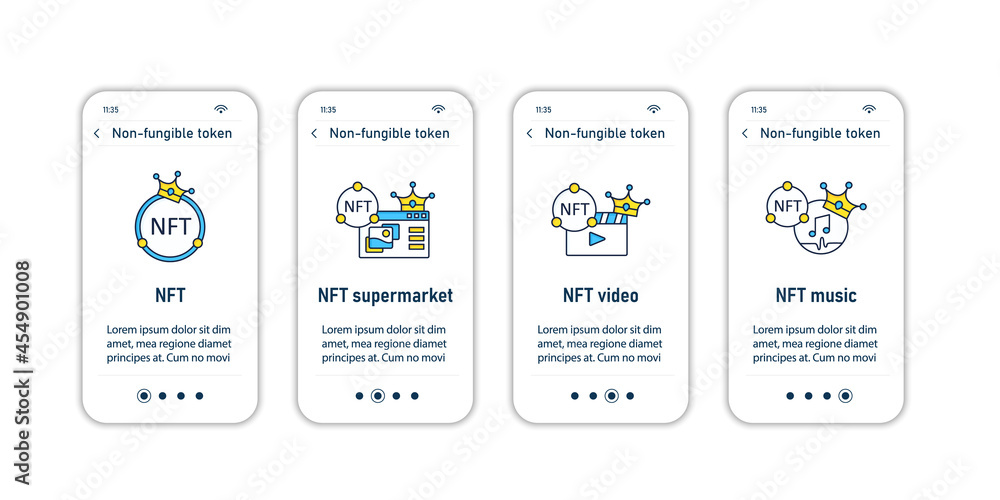Poster nft onboarding mobile app screens. non fungible token.unique digital assets steps menu. set of ui, u