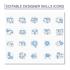 Designer skills line icons set. Create new projects, exchange, generate ideas.Interface design, optimize, sync tasks. Design concept. Isolated vector illustration. Editable stroke