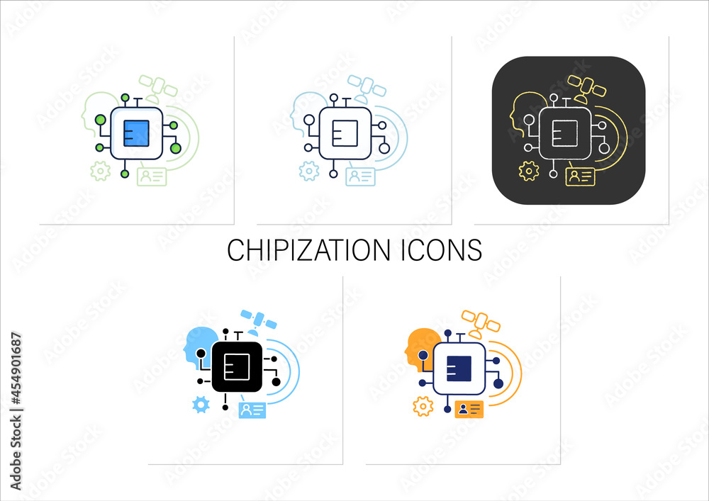 Aufkleber chipization icons set. embedded in persons body. small information disk.digital transformation conce