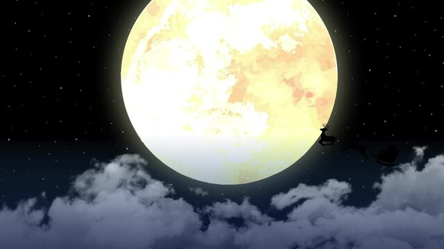 Christmas illustration banner (4K animation movie ). Flying Santa Claus flying on a full moon night.