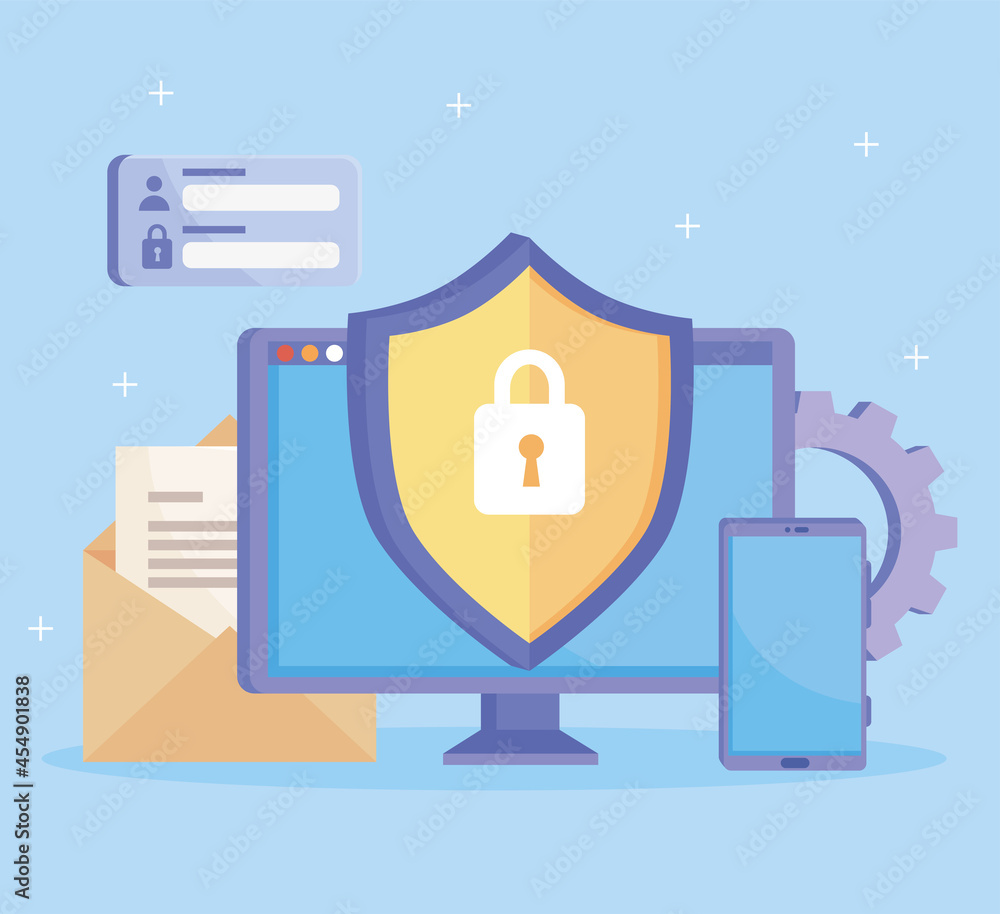 Poster computer with cyber security icons