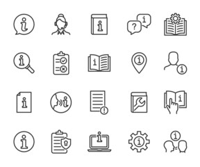 Vector set of information line icons. Contains icons instruction, privacy policy, info center, manual, rule, guide, reference, help and more. Pixel perfect.
