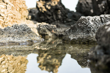 Stone in sea with wave on sunset