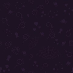 Seamless pattern with design elements on a dark background. Cobweb, spider, diamond, keyhole, curls, hearts. Mexican national holiday Day of the dead. Festive template for Dia de los muertos
