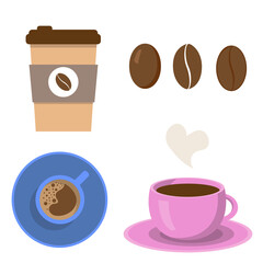Set of different coffee cups with beans. Pink cup of coffee, above view and coffee to go. Vector illustration in cartoon flat style. Prints for coffee shops, supermarkets, textile, design and decor