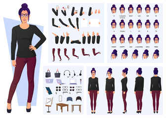 Fashion Woman Character Design Set, Front, side, back view, Poses, And Gestures Flat Design