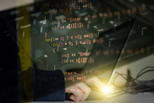 Abstract background of digital binary code of software. Programming software code on computer screen which develop by the programmer to solve the business requirement.	