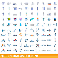 100 plumbing icons set. Cartoon illustration of 100 plumbing icons vector set isolated on white background