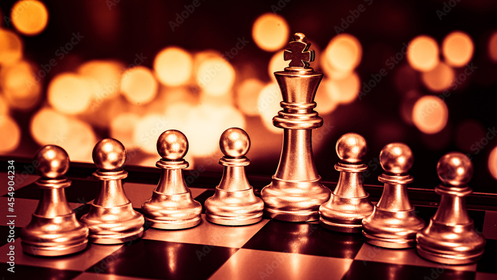 Poster closeup of chess characters on board games. to represent decision making in term of business strateg