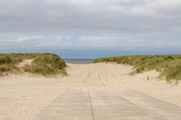 Chemin de plage en béton et en sable sous des nuages nuageux gris blanc dans le ciel, Les dunes de sable ou la digue sur la côte néerlandaise de la mer du Nord avec de l& 39 herbe marram européenne (herbe de plage) Hollande du Nord, Pays-Bas.