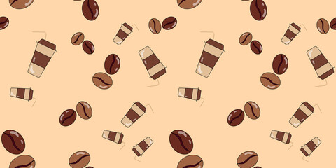 Coffee beans and coffee cup seamless pattern. Vector background from coffee for design. Drink concept.