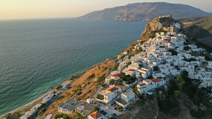 Aerial drone photo of breathtaking and picturesque main village of Skyros island featuring uphill medieval castle with scenic views to Aegean sea at sunset, Sporades islands, Greece