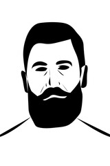 Simple portrait of an old man with black eyes, beard and mustache. Black color on white background. Grandfather, senior adult.