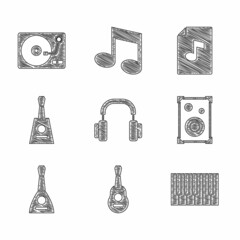 Set Headphones, Guitar, Grand piano, Stereo speaker, Balalaika, Music book with note and Vinyl player vinyl disk icon. Vector