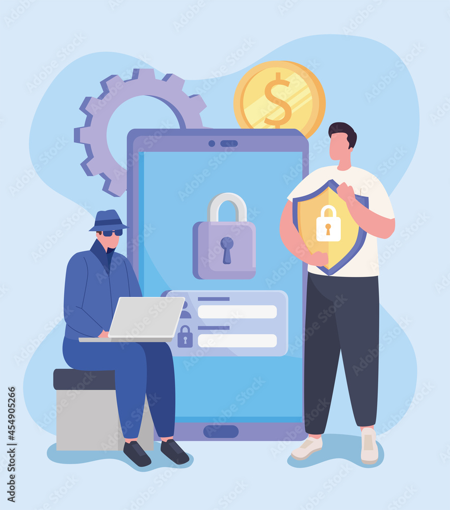 Poster smartphone hacker man and icons