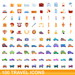 100 travel icons set. Cartoon illustration of 100 travel icons vector set isolated on white background