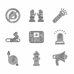 Set Fire alarm system, hydrant, Megaphone, Ringing bell, hose reel, Cigarette, Flashlight and No fire icon. Vector