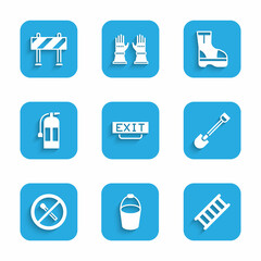 Set Fire exit, bucket, escape, shovel, No fire match, extinguisher, boots and Road barrier icon. Vector