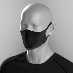 Man with a trendy, black protective face mask, standing on a white background. Closeup shot of a person, with a virus protection mask on his face. Healthcare banner 3D design.
