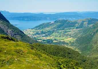 View to Hardangerfjorden and Rosendal barony from the mountains, Norway
