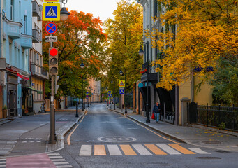 Street in center of Moscow in Russia. Cozy cityscape in Moscow. Architecture and landmarks of Moscow.