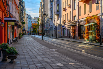 Fototapeta na wymiar Street in center of Moscow in Russia. Cozy cityscape in Moscow. Architecture and landmarks of Moscow.