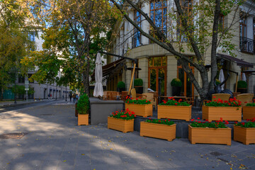 Street in center of Moscow in Russia. Cozy cityscape in Moscow. Architecture and landmarks of Moscow.