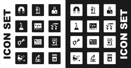 Set Laboratory assistant, Chemical formula, Plant breeding, Magnet, Pipette and plant, Test tube flask on fire, stand and Syringe icon. Vector