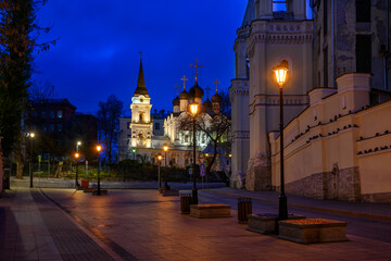 Night cozy street in Moscow, Russia. Architecture and landmarks of Moscow. Cityscape of Moscow