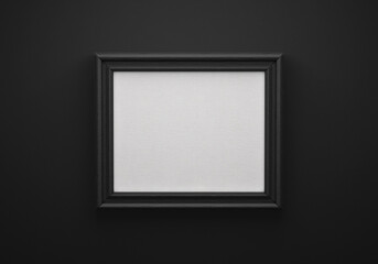 The black color picture horizontal frame on black wall with textured blank canvas, 3D mockup