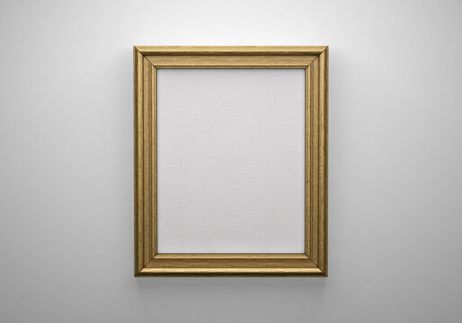 The bronze color picture vertical frame on white wall with textured blank canvas, 3D mockup