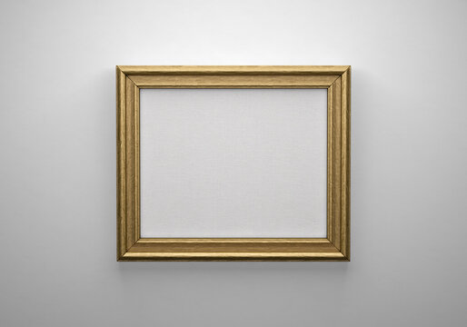 The bronze color picture horizontal frame on white wall with textured blank canvas, 3D mockup